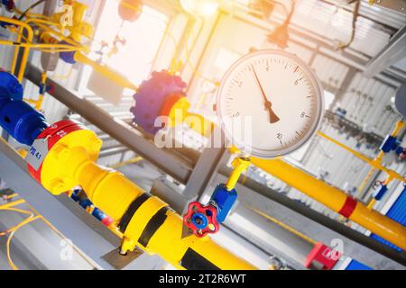 View of pressure gauge on gas distribution station equipment. Pressure sensor for natural gas supply in pipes. Supply of natural gas. Beginning of heating season in Europe. Stock Photo