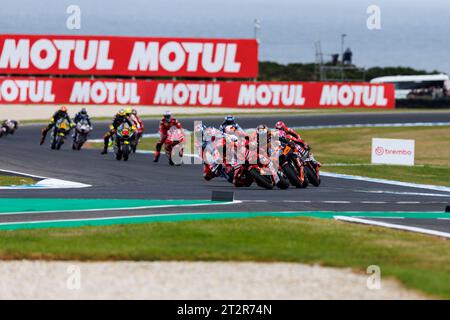 Ventnor, Australia. 21st Oct 2023. 21st October 2023; Phillip Island Grand Prix Circuit, Ventnor, Victoria, Australia; 2023 MotoGP Guru by Gryfyn Australian Motorcycle Grand Prix, Race Day; Start of the race at the Australian MotoGP Credit: Action Plus Sports Images/Alamy Live News Stock Photo