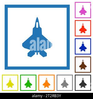 Jet fighter silhouette flat color icons in square frames on white background Stock Vector