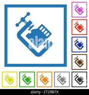 Micro sd memory card compress solid flat color icons in square frames on white background Stock Vector