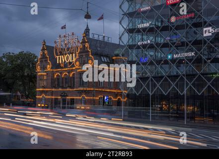 Night View of Tivoli Gardens Amusement Park in Copenhagen, Denmark Stock Photo