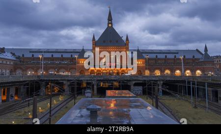 Copenhagen Central Railway Station at Blue Hour, Denmark Stock Photo