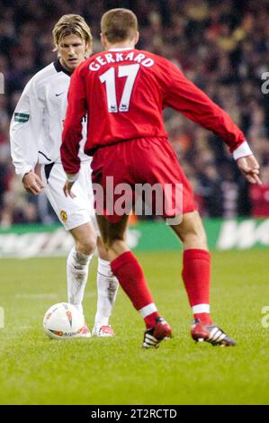 DAVID BECKHAM, STEVEN GERRARD, 2003: David Beckham of Manchester United attacks a young Steven Gerrard of Liverpool at the Football League Cup Final 2003 at the Millennium Stadium in Cardiff, Wales, UK on 2 March 2003. It was David Beckham's last season at Manchester United and Liverpool won this Worthington Cup Final 2-0 with Gerrard scoring the opening goal. Photo: Rob Watkins Stock Photo