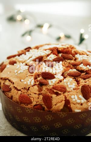 Closeup of Panettone glassato alle mandorle (Italian traditional almond panettone ) Stock Photo