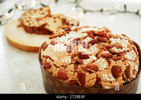 Closeup of Panettone glassato alle mandorle (Italian traditional almond panettone ) Stock Photo