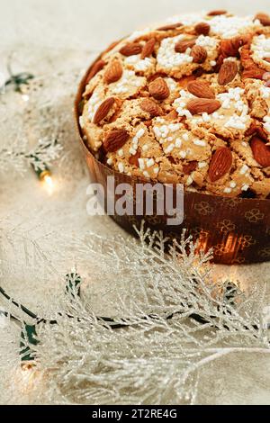 Closeup of Panettone glassato alle mandorle (Italian traditional almond panettone ) Stock Photo