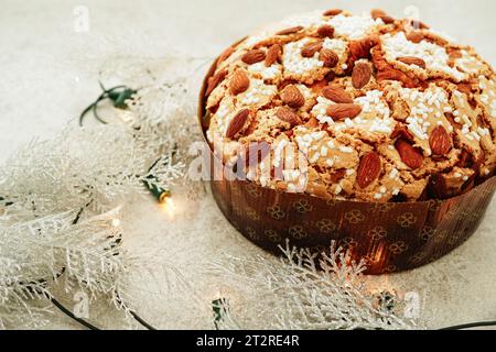 Closeup of Panettone glassato alle mandorle (Italian traditional almond panettone ) Stock Photo