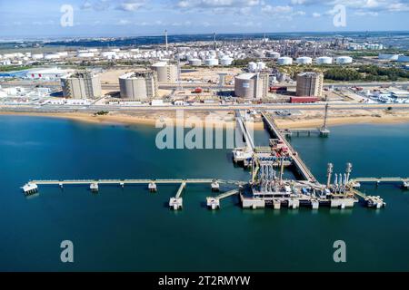 Huelva, Spain - October 21, 2023: Liquefied natural gas regasification terminal of Enagás, S.A., a Spanish energy company and European transmission sy Stock Photo