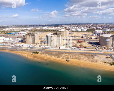 Huelva, Spain - October 21, 2023: Liquefied natural gas regasification terminal of Enagás, S.A., a Spanish energy company and European transmission sy Stock Photo