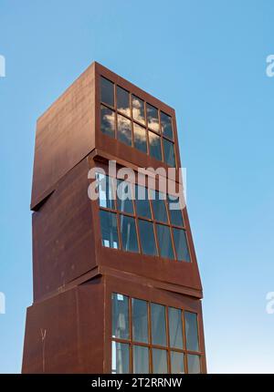 Close-up of Homenatge a la Barceloneta, or L'Estel Ferit, sculpture by Rebecca Horn, Platja de Sant Sebastia Beach, Barcelona, Spain Stock Photo