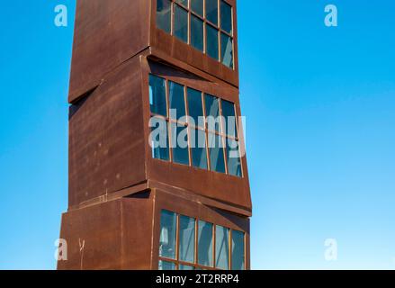 Close-up of Homenatge a la Barceloneta, or L'Estel Ferit, sculpture by Rebecca Horn, Platja de Sant Sebastia Beach, Barcelona, Spain Stock Photo