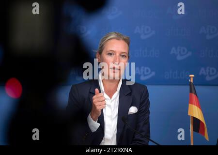 Alice Weidel, AfD DEU, Deutschland, Germany, Berlin, 09.10.2023 Alice Weidel, Parteivorsitzender der AfD, Alternative fuer Deutschland, waehrend der Pressekonferenz der AfD unter dem Motto Bereit fuer Mehr am Tag nach den Landtagswahlen in Hessen und Bayern in Berlin Deutschland . Bei beiden Wahlen konnte die AfD stark zulegen und belegte in Hessen den zweiten und in Bayern den dritten Platz en: Alice Weidel, co-leader of the right-wing party AfD, Alternative fuer Deutschland, Alternative for Germany, during a press call of the AfD the day after Hesse and Bavaria state elections in Berlin Stock Photo