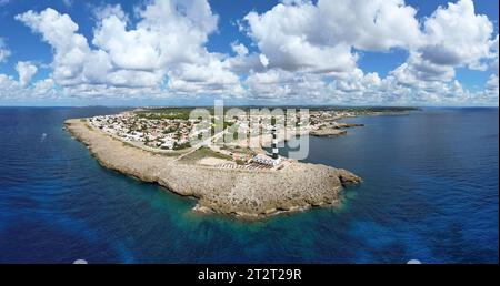 Aerial panoramic view of Artrutx Lighthouse at south coast of Menorca (Balearic Islands) Stock Photo
