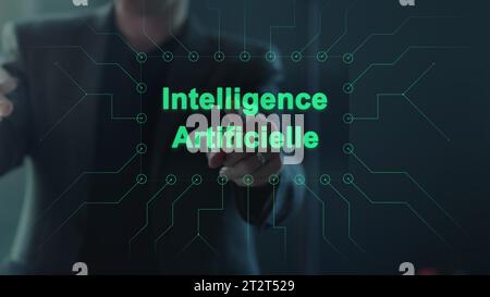Intelligence artificielle, A man click on the French text : artificial intelligence, front to a device. AI on a screen, central composition. Stock Photo
