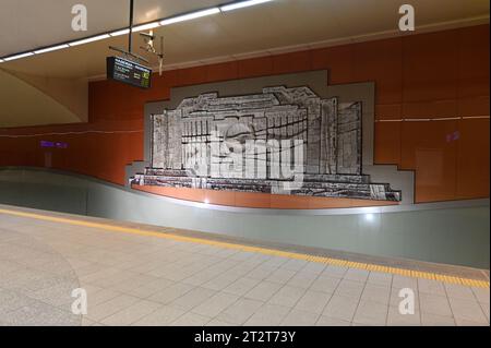 Sofia, Bulgaria - April 4, 2023: Sofia metro station platform with underground train at National Palace of Culture Sofia Metro station in Bulgaria Stock Photo