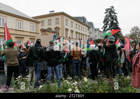 Participants gather during the March of Solidarity with Palestine. Hundreds of people participated in the March of Solidarity with Palestine in the center of Warsaw, Poland. The starting point was at the Charles de Gaulle Roundabout, marked by an art installation - an artificial palm called ‘Greeting from Jerusalem Avenue.' Later, participants walked through the historical center of the city. Israel and Hamas are at war after the Palestinian militant group launched surprise cross-border raids from Gaza on October 7, 2023, resulting in the deaths of more than 1,400 people, including civilians a Stock Photo