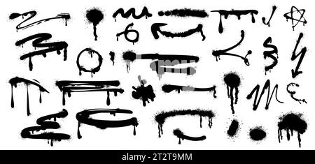 Spray paint drips, straight and curved lines. Black ink splatters, inky blots with graffiti effect. Strokes and brush stains with spatter and drops. Vector set of design elements in urban street style Stock Vector