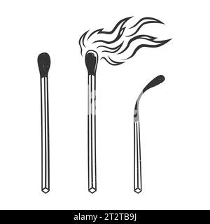 Matches. Set of vector illustrations: burning match with fire, opened matchbox, burn matchstick isolated on white. Simple symbol of ignition, burning Stock Vector