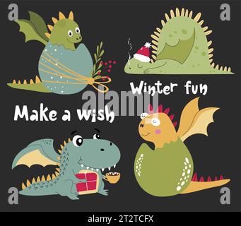 Set of four cartoon hand drawn dragons. Happy baby dragons in the egg, sleeping dragon in Santa hat, cute dragon with the gift box and hot cocoa cup. Stock Vector