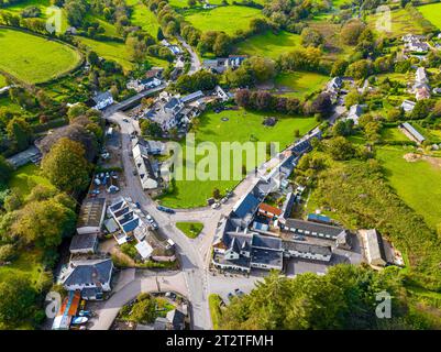 Aerial view of the heart of Exmoor - the village of Exford on the river Exe Stock Photo