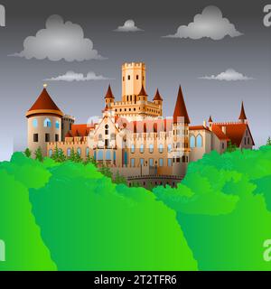 Medieval castle on the hill with green grass. Stock Photo