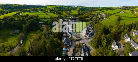 Aerial view of the heart of Exmoor - the village of Exford on the river Exe Stock Photo