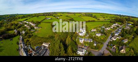 Aerial view of the heart of Exmoor - the village of Exford on the river Exe Stock Photo