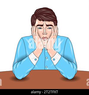 Sad man sitting at the table with hands on his face. Stock Photo