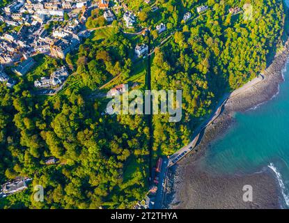 Aerial view of Lynton, a town on the Exmoor coast in the North Devon district in the county of Devon, England Stock Photo