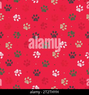 Christmas colored crimson cherry background colored paw prints seamless pattern Stock Vector