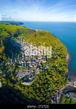 Aerial view of Lynton, a town on the Exmoor coast in the North Devon district in the county of Devon, England Stock Photo