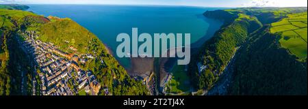 Aerial view of Lynton, a town on the Exmoor coast in the North Devon district in the county of Devon, England Stock Photo