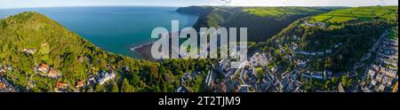 Aerial view of Lynton, a town on the Exmoor coast in the North Devon district in the county of Devon, England Stock Photo