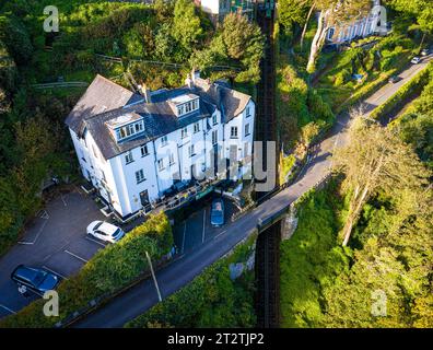 Aerial view of Lynton, a town on the Exmoor coast in the North Devon district in the county of Devon, England Stock Photo