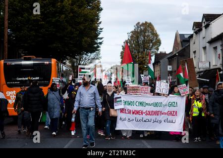 CARDIFF, WALES. 21st October 2023. Protesters march from Cardiff City Hall to the Senedd in solidarity with Gaza and Palestine due to the recent support to Israel from the UK Government. Stock Photo