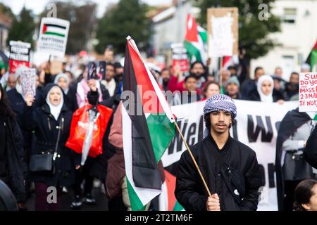 CARDIFF, WALES. 21st October 2023. Protesters march from Cardiff City Hall to the Senedd in solidarity with Gaza and Palestine due to the recent support to Israel from the UK Government. Stock Photo