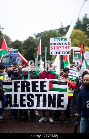 CARDIFF, WALES. 21st October 2023. Protesters march from Cardiff City Hall to the Senedd in solidarity with Gaza and Palestine due to the recent support to Israel from the UK Government. Stock Photo