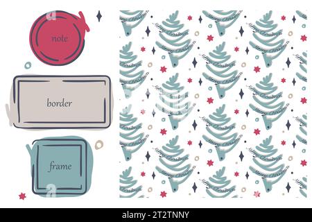 Christmas motif frames, seamless pattern Set. Hand drawn doodle cartoon style design, ink blob brush line strokes. Circle, square border shape Stock Vector