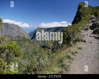 Iconic hike in Mafate, view of the Port from Scout path on the way to Aurere, Reunion island, France Stock Photo