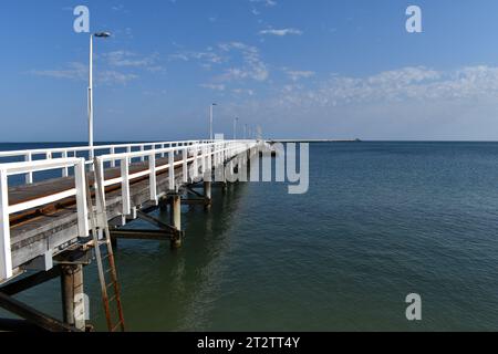 Busselton Jetty the longest timber piled jetty in the Southern Hemisphere and a popular tourist destination, Geographe Bay, Western Australia, Austral Stock Photo