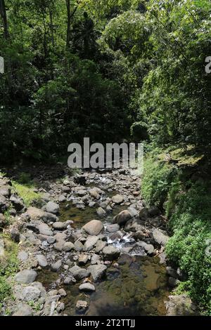 The site of the 3 Cascades of Te Fa’aurumai on the east coast of the island of Tahiti. The three waterfalls in the Faarumai Valley come from three dif Stock Photo