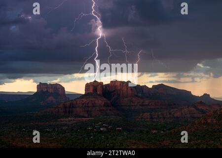 Lightning storm at Cathedral Rock in Sedona, Arizona Stock Photo