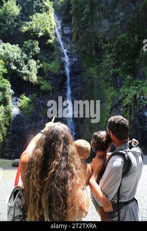 The site of the 3 Cascades of Te Fa’aurumai on the east coast of the island of Tahiti. The three waterfalls in the Faarumai Valley come from three dif Stock Photo