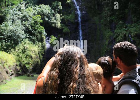 The site of the 3 Cascades of Te Fa’aurumai on the east coast of the island of Tahiti. The three waterfalls in the Faarumai Valley come from three dif Stock Photo