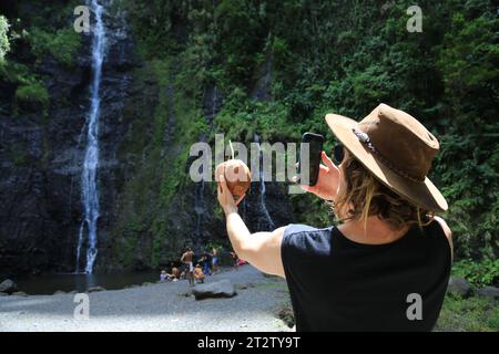 The site of the 3 Cascades of Te Fa’aurumai on the east coast of the island of Tahiti. The three waterfalls in the Faarumai Valley come from three dif Stock Photo