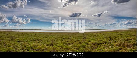 landscape, typical terrain often seen in southern africa, lake and savannah with a cloudy sky Stock Photo