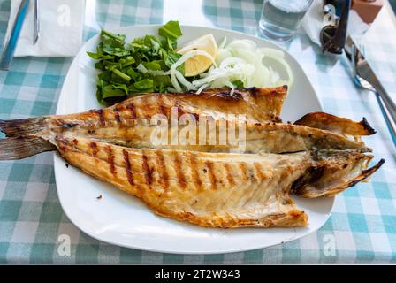 Grilled mackerel on a table. Stock Photo