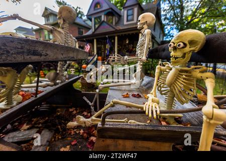Carriage with skeletons in the front garden of a house as Halloween decorations in front yard of Traverse City housing development of Traverse City, Michigan, United States Stock Photo