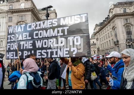 Protest against the bombing of Gaza with large placard 'What crime must Israel commit for the world to help Palestine'. London. Stock Photo