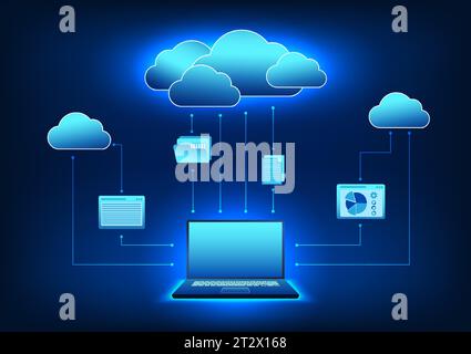 Cloud technology Computers that transfer data to be stored in the cloud It means transferring data storage files through the cloud system. It is a sys Stock Vector